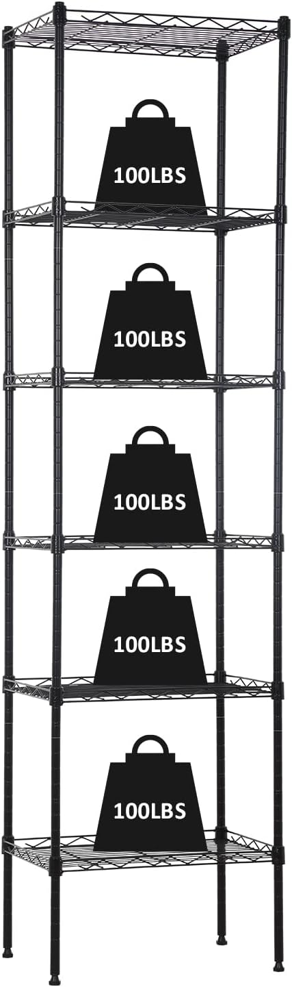 6-Tier Metal Shelving Unit Storage Shelves Metal Shelves 64"x17"x12" Heavy Duty Metal Storage Rack Wire Rack NSF Height Adjustable for Home Kitchen Bathroom Garage Shelving(Black)