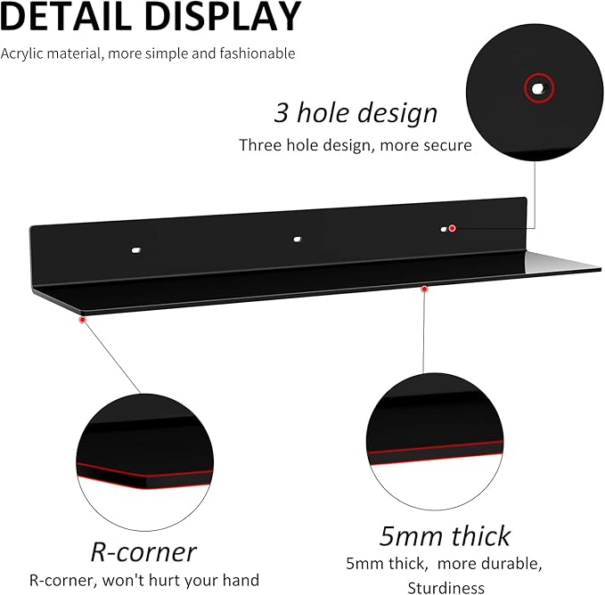 24 Inches Acrylic Wall Shelves 2 Pack, Floating Shelf for Wall Mounting, Acrylic Display Ledges for Funko Pop Figures, Home Décor, Living Room, Gaming Room, Plants(24 inch, Black)-NeatNest