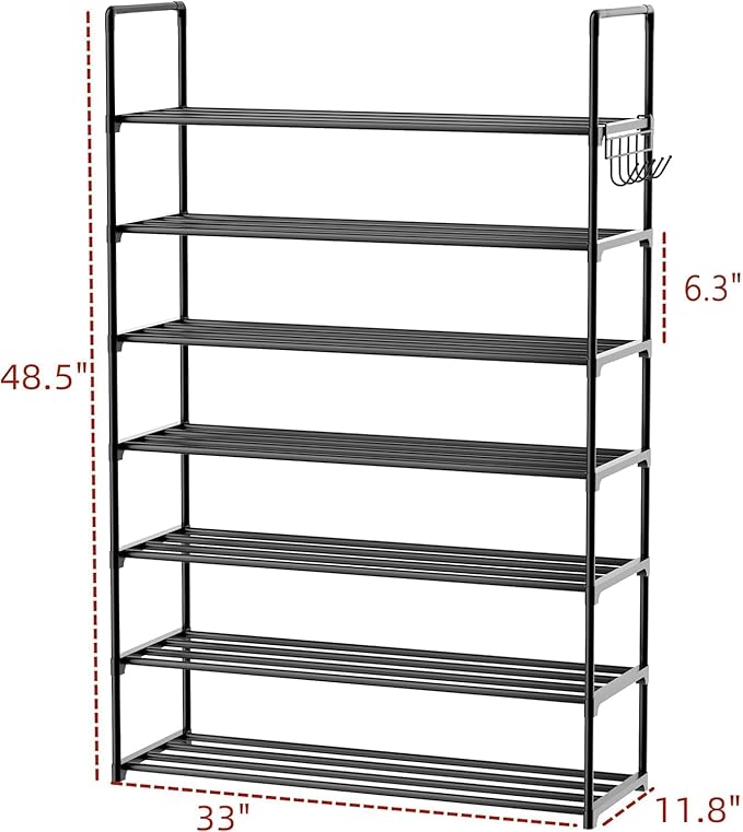 Metal Shoe Organizer,7 Tiers Shoe Storage Shoe Rack with Hooks,Fit 28-35 Pairs,Adjustable Shoe Shelf for Entryway,Hallway,Bedroom,Metal Bottom Support-NeatNest