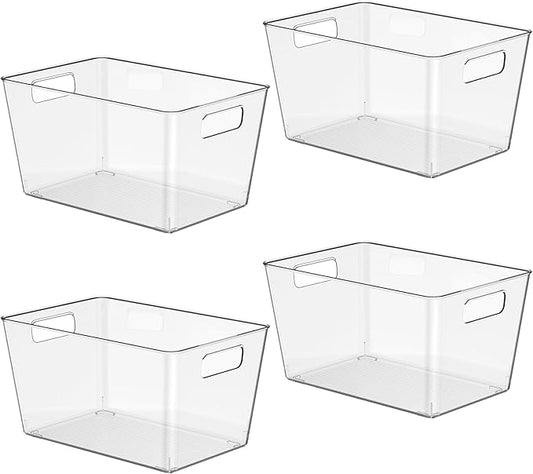 4 PCS Clear Plastic Storage Bins, Refrigerator Organizer Bins with Handles, Pantry Organizer Bins for Food, BPA-Free for Fridge, Freezer, Kitchen, Cabinet, Pantry, 10" Long-NeatNest