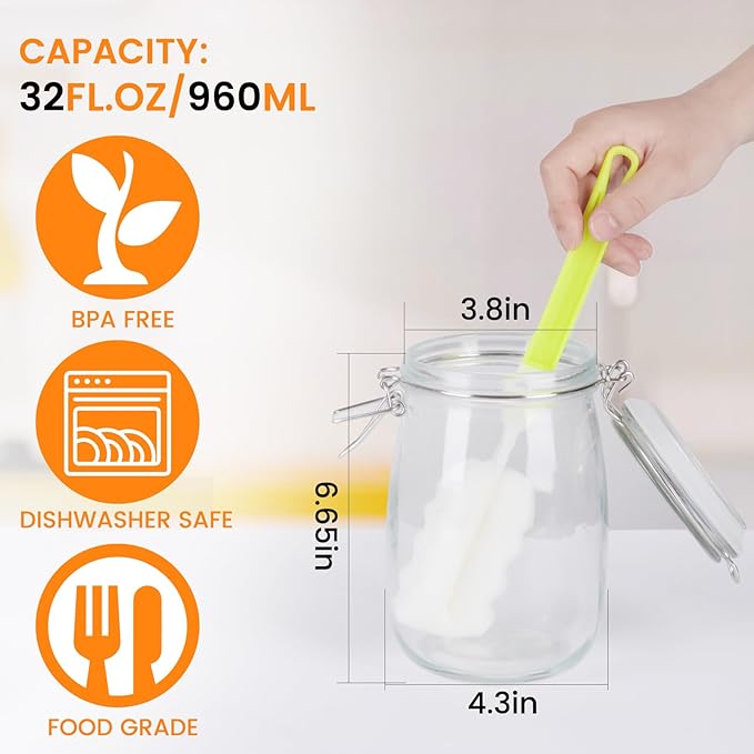 AuroTrends 32oz Glass Jars with Airtight Lid 4Pack, 960ML Large Kitchen Canisters with Leakproof Clamp Lids for Food, Flour, Pasta, Candy, Dog Treats, Snacks