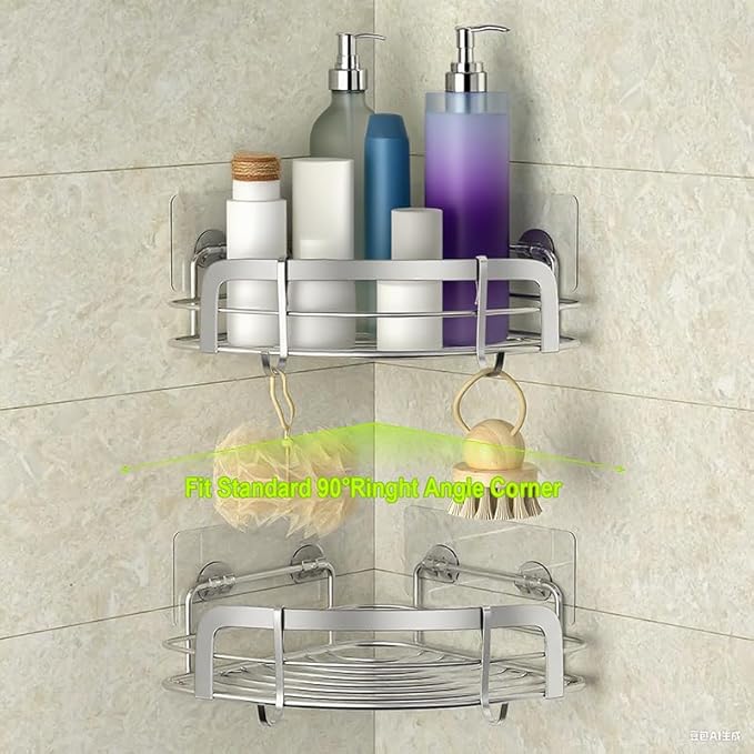 STEUGO 2 Pack Shower Caddy Corner, Bathroom Corner Shower Shelfs, Adhesive Wall Mounted Shower Caddy with 4 Movable Hooks, No Drilling Shower Shelf, Stainless Steel Silver.