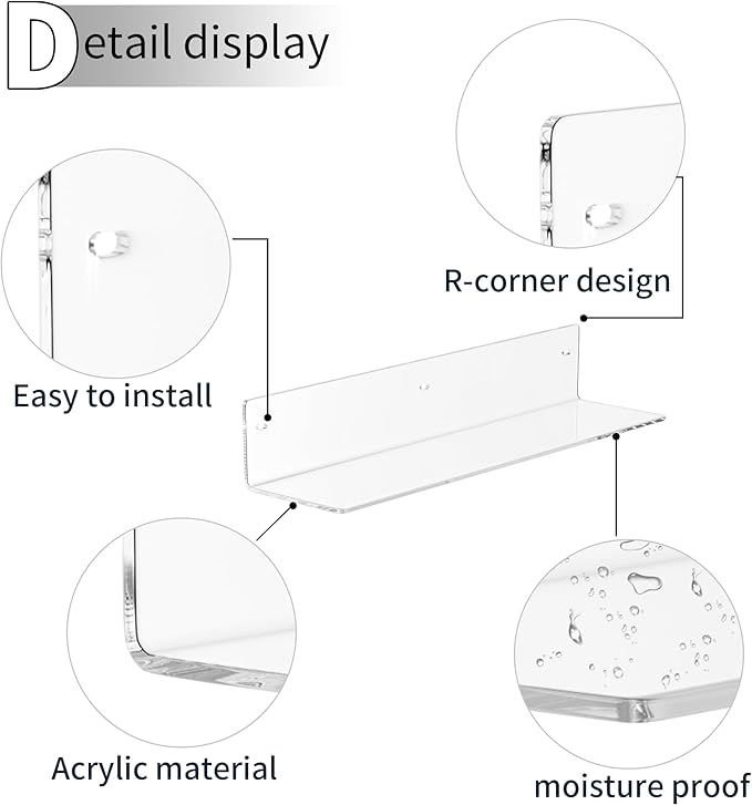 16 Inches Clear Acrylic Shelves, Wall Mounted Organizer Shelves for Bedroom, Clear Wall Storage Shelves for Cosmetics, Skincare, Router, Doll, Toiletries, Helmets, 2 Pack-NeatNest