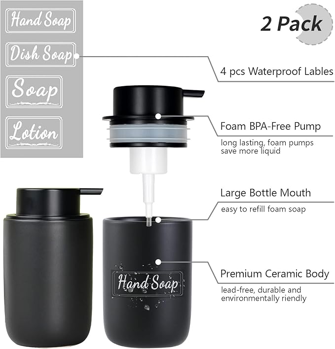 BosilunLife Foaming Soap Dispenser Set - Black Ceramic Foam Hand Dispenser 12oz Soap Dispenser Set with Rust Proof Pump, 4Pcs Clear Stickers for Kitchen, Bathroom - 2 Pack-NeatNest