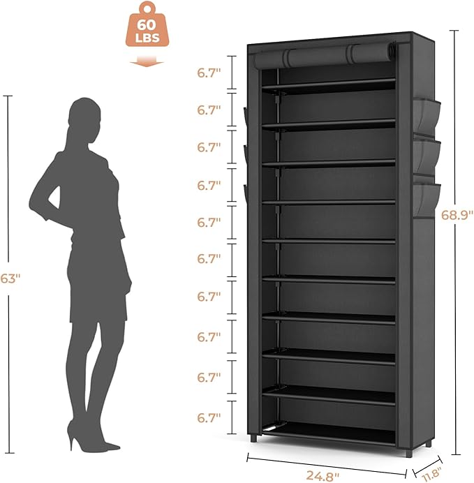 VTRIN Vertical Narrow Shoe Rack Organizer Tall Shoe Rack for Closet Entryway 10 Tier Non-Woven Cover Shoe Shelf Holds 36-41 Pairs Free Standing Shoe Storage Cabinet with Dustproof Cover, Black-NeatNest