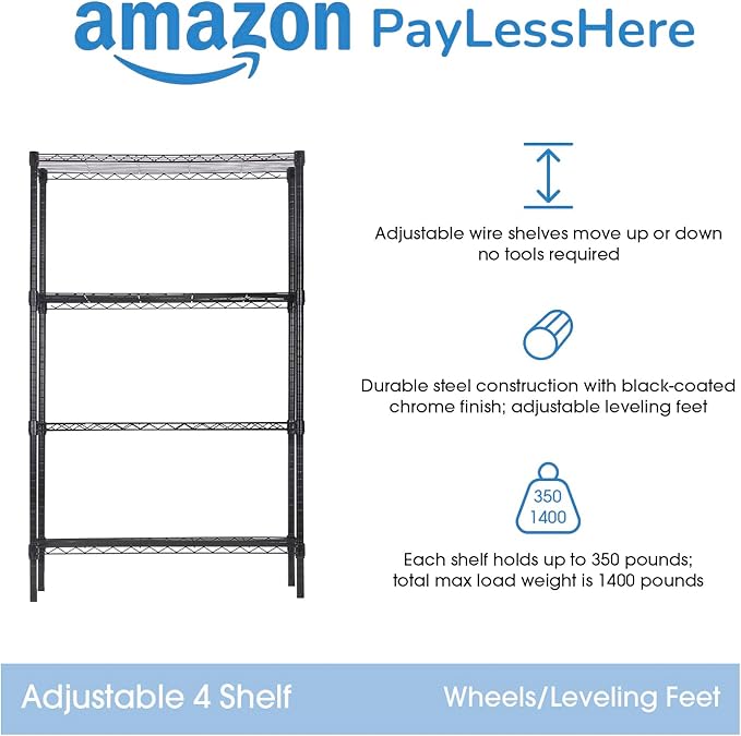 4-Tier Adjustable Shelf Shelving Unit Shelves Shelf Heavy Duty Storage Steel Organizer Wire Rack (1400 lbs Loading Capacity) with Wheels Multi-Function Easy Assembly,Black