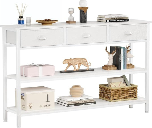 Furologee White Long 47" Console Sofa Table with 3 Drawers, Entryway Table with 3-Tier Storage Shelves, Display Shelf for Entry Way, Hallway, Couch, Living Room, Kitchen, Foyer-NeatNest