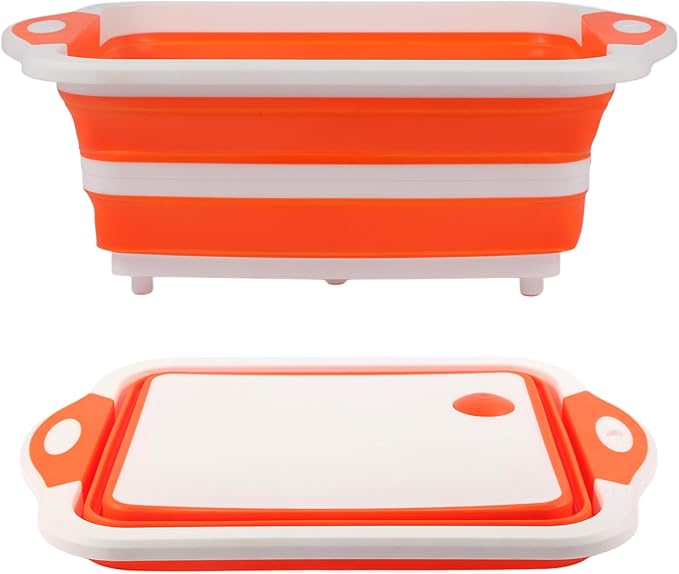 Collapsible BBQ Prep Tub/Cutting Board 10L, Foldable Dish Tub with Colander, Portable Camping Sink, Multifunction Dishing Basin Bucket Wash Tub for Kitchen Fruit Vegetable Picnic (Orange)-NeatNest