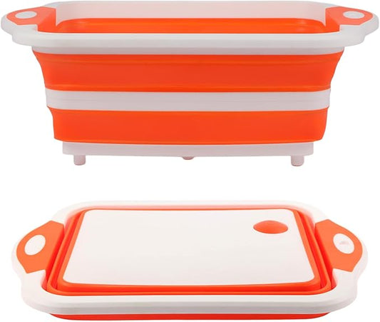 Collapsible BBQ Prep Tub/Cutting Board 10L, Foldable Dish Tub with Colander, Portable Camping Sink, Multifunction Dishing Basin Bucket Wash Tub for Kitchen Fruit Vegetable Picnic (Orange)-NeatNest