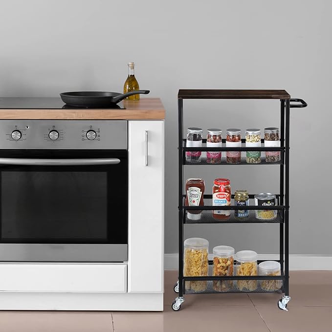 NANANARDOSO 4 Tier Slim Storage Cart, Shelving Unit for Small Space, Rolling Storage Cart with Wooden Top and Metal Handle for Narrow Space on Kitchen, Bathroom, Laundry Room, Black.