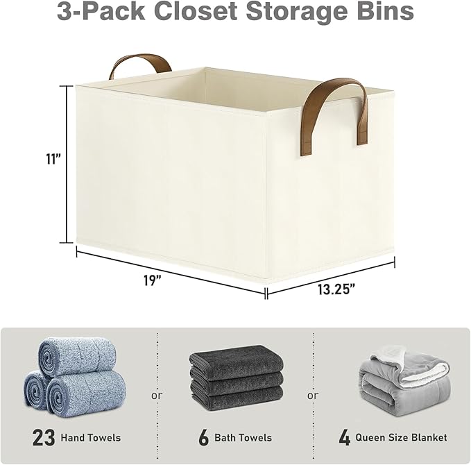 Closet Storage Bins, Fabric Closet Organizers and Storage Basket for Shelves, Collapsible Shelf Baskets for Organizing Shelves, Bedroom Clothes Basket, Beige, 3 Pack-NeatNest