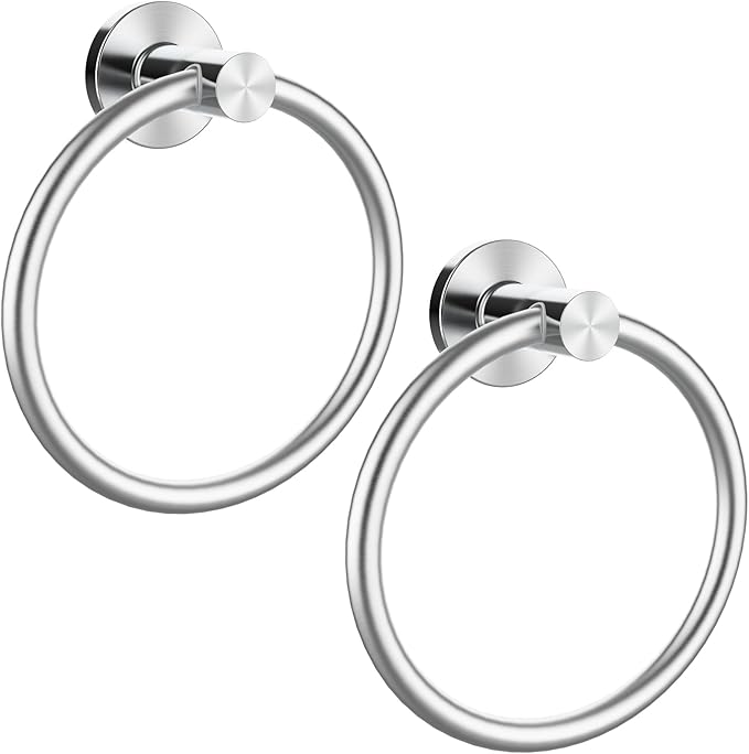 Brushed Silver Towel Ring 2Pack, SUS304 Stainless Steel Hand Towel Holder for Bathroom Kitchen, Modern Style Towel Hanger, Thicken Ring Towel Holder, Towel Rack Round Wall Mounted (2, Brushed Silver)-NeatNest