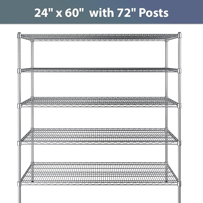 24" x 60" NSF Chrome 5-Shelf Kit with 72" Posts, Commercial Storage Rack Unit, Heavy Duty Storage Shelving, Wire Shelving Kit, Adjustable Rack Strong Steel, Multipurpose Wire Shelf