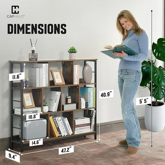 CAPHAUS 10 Cube Storage Organizer, 48” Wide 3 Tier Rustic Oak Industrial Open Shelf Bookcase, Display Shelf, Horizontal Bookshelf with Metal Frame, Wooden Board, for Living Room, Bedroom, Office-NeatNest