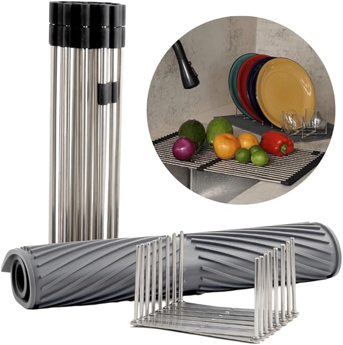 3-in-1 Over Sink Dish Drying Rack – Roll-Up Sink Rack, Silicone Mat & Folding Dish Rack – Multi-Functional, Space-Saving Kitchen Organizer (Black)