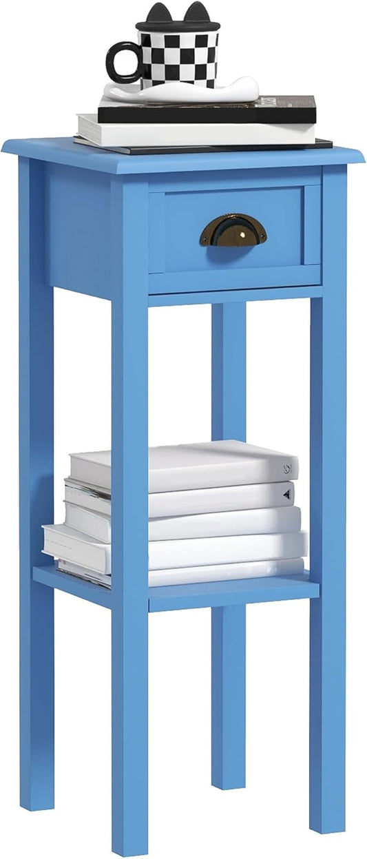 HOMCOM 2-Tier Side Table with Drawer, Narrow End Table with Bottom Shelf, for Living Room, Set of 1, Light Blue