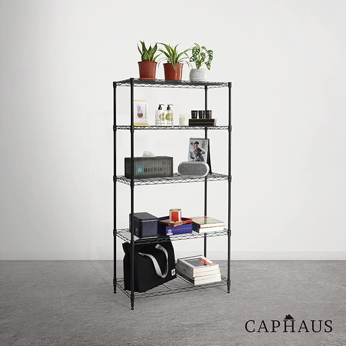 CAPHAUS 3/4/5-Tier Adjustable Height Wire Shelving Unit, Wire Rack Shelving, Metal Steel Storage Shelves, Garage Shelving Storage Organizer, Utility Storage Shelf, 5-Tier Without Wheels, Black-NeatNest