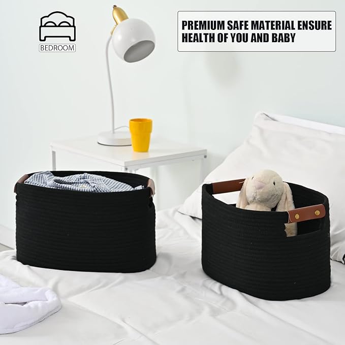 Cotton Rope Basket , Storage Baskets with Handle, 15x10x9 Inch Woven Basket for Shelves, Laundry, Towels, Clothes, Books, Toys (Black 3Pack)-NeatNest