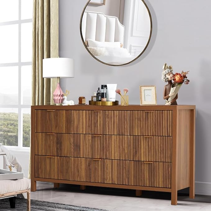 9 Drawer Dresser Cabinet, Long Nightstand with Drawers and Storage Cabinet, Farmhouse Solid Wood Dresser TV Stand, Mid Century Modern Nightstand with 9 Drawer Side Table for Bedroom Closet (Walnut)