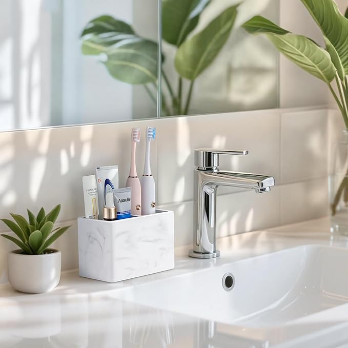 Luxspire Toothbrush Holder, Fast Drying Tooth Brush Holder for Bathroom, Diatomite Electric Tooth Brush and Toothpaste Organizer for Bathroom Kitchen Vanity Countertop, Marble White