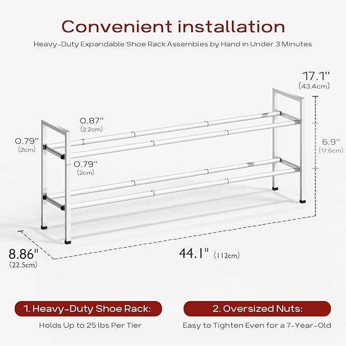 Bumusty 2-Tier Long Expandable Shoe Rack for Closet, 18"-44" Adjustable Shoe Rack for Entryway, 10-12 Pairs Large Shoe Organizer Shelf Storage, Sturdy Metal, White-NeatNest