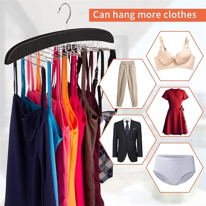 3 Pack Tank Top & Bra Hanger, Tie & Belt Hanger with Natural Wood, 24 Space Saving, 360 Rotating, Foldable Metal Hooks, Closet Organizer and Storage Rack for Tank Tops/Bras/Ties/Belt (Black)-NeatNest
