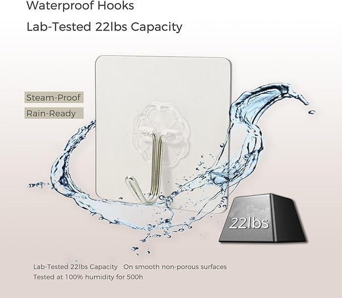 22lb Adhesive Hooks Heavy Duty, 10 Pack, No Drill Wall Hooks for Bathroom & Kitchen, Transparent Reusable Waterproof Towel Hooks for Smooth Surfaces