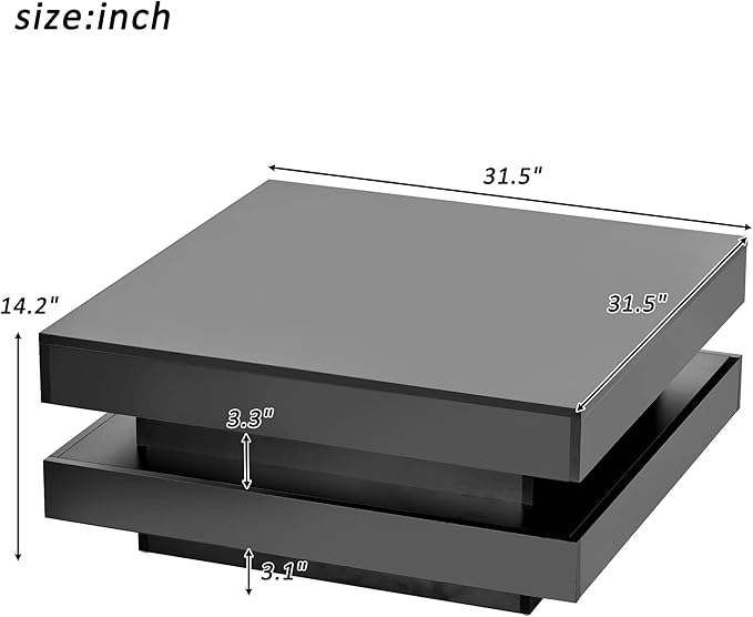 High Gloss 2-Tier Square Coffee Table with LED Lights, Center Table for Living Room, 31.5" x 31.5" x 14.2", Black