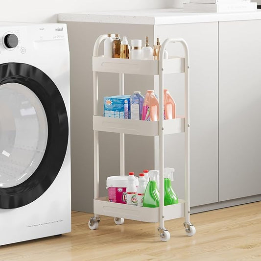 3 Tier Narrow Rolling Storage Cart for Laundry Room Organizer & Kitchen Storage, 7.1'' Wide Slim Storage Cart with Wheels and Lockable Casters for Small Space & Between Washer and Dryer, White
