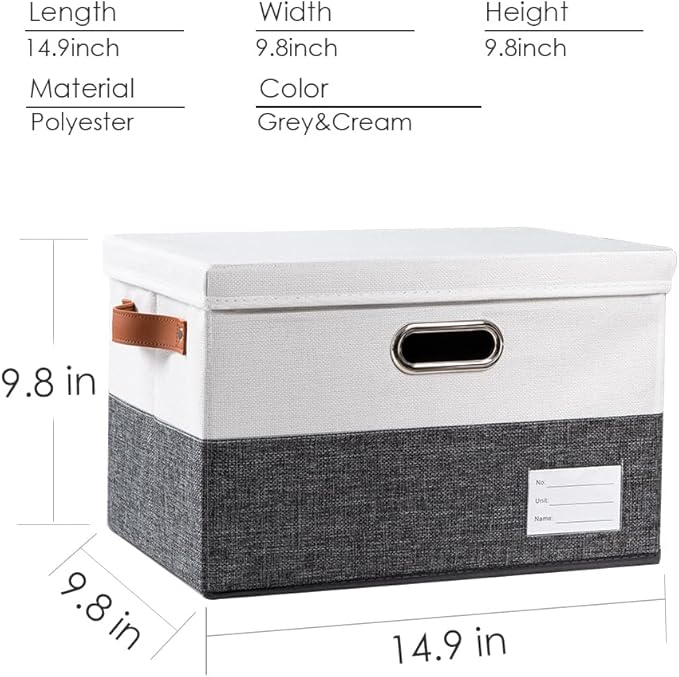 PRANDOM Foldable Storage Bins with Lids [3-Pack] Fabric Collapsible Storage Boxes Baskets Cubes Containers with Handles for Closet Living Room Bedroom (Grey & White 14.9x9.8x9.8'')-NeatNest