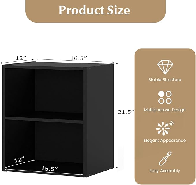 Giantex Bookshelf and Bookcase Set of 2, 2-Cube Storage Shelf W/Large-Capacity Open Storage Space for Living Room Bedroom Study Office Multi-Functional Furniture Display Cabinet, Black