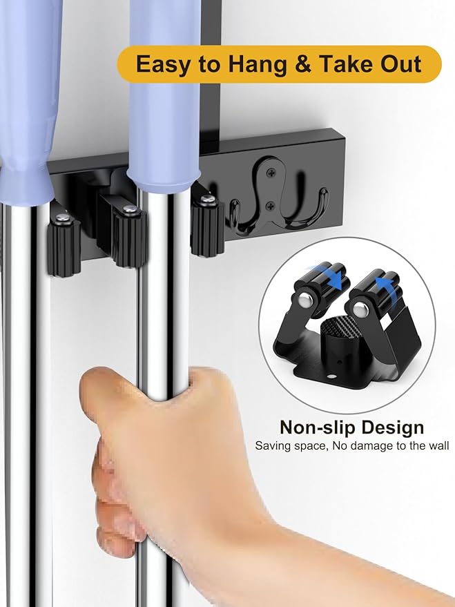 Broom Holder Door Mount, Over the Door Broom and Mop Holder, Drilling-Free Wood Mop Holder with 2 over Door Hooks, 4 Slots & 4 Hooks Rusticfor Garage, Closet, Laundry (Black*2)-NeatNest