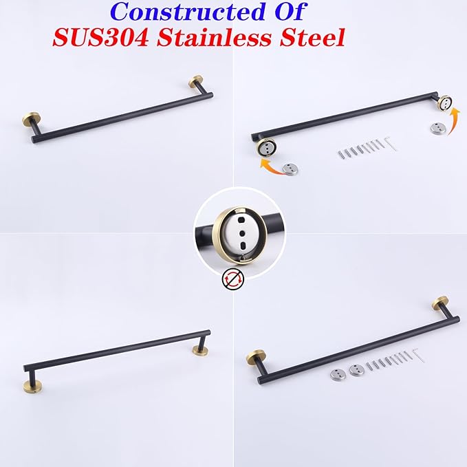 GERZWY Black & Gold Towel Bar, 30 Inch Stainless Steel Bathroom Wall Mounted Towel Rail, Hand Towel Holder AG1101C75-BD