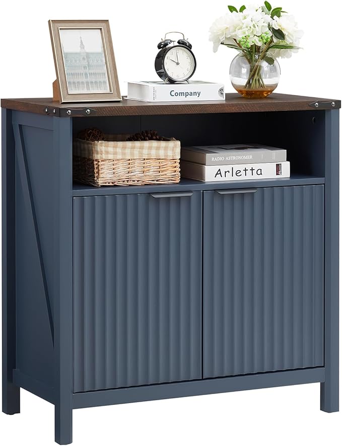 32 Inch Fluted Sideboard Buffet Cabinet with Storage, Modern Farmhouse Accent Credenza with Adjustable Shelves, Coffee Wine Bar Organizer for Kitchen, Entryway, Living Room, Navy Blue