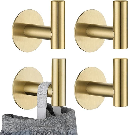 JQK Self Adhesive Towel Hook Gold, No Drill Stick on Coat Robe Clothes Wall Hook for Bathroom Kitchen Garage 4 Pack, 304 Stainless Steel Brushed Gold, ATH110-BG-P4