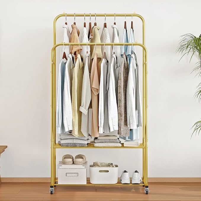 Clothes Rack with Wheels Garment Rack for Hanging Heavy-Duty Clothing Rack Metal Rolling Clothes Shelves for Bedroom, Closet (Golden)-NeatNest
