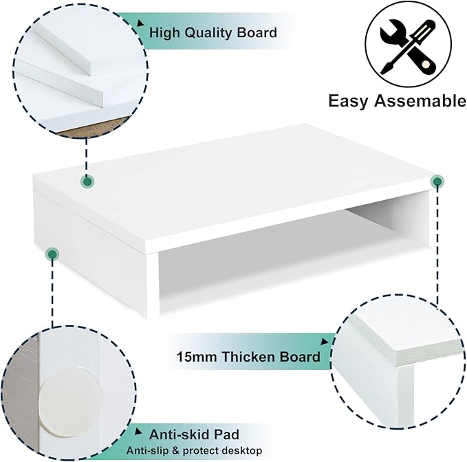 TEAMIX 14.2 inch White Monitor Stand Riser, Wood Monitor Riser with Storage for Desk Small Monitor Stand TV/Screen/PC/Laptop Riser Computer Stand Desktop Shelf (White-14.2 inch)-NeatNest