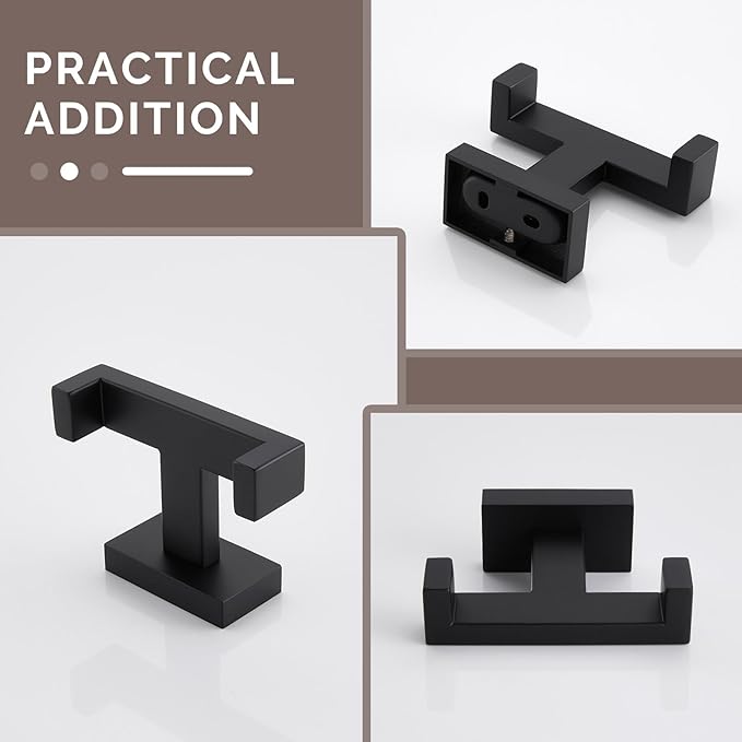 Angle Simple Bathroom Towel Hooks, Stainless Steel Shower Double Robe Coat Hooks for Wall, Matte Black, 2 Pack