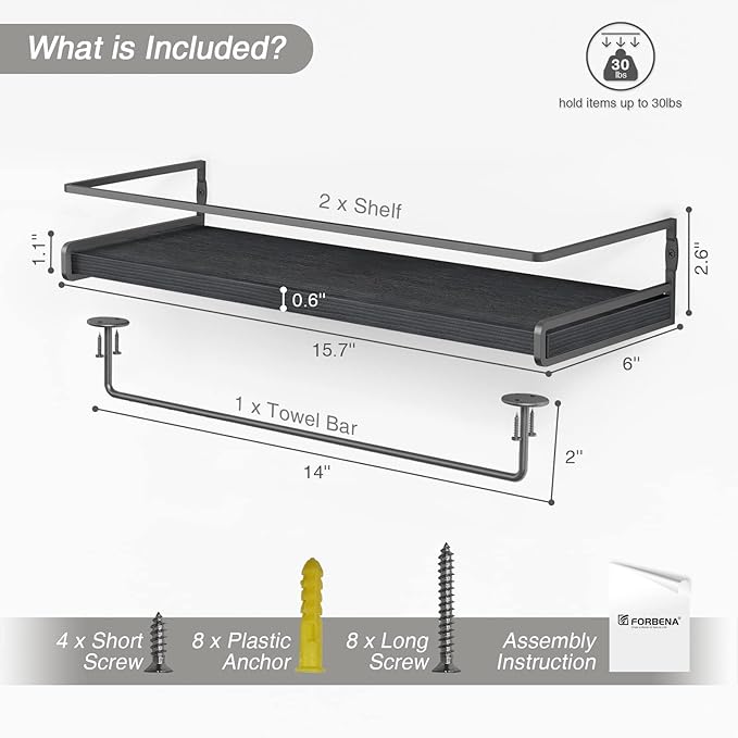 Forbena Black Floating Shelves for Bathroom Wall Set of 2, Kitchen Spice Rack Wall Mount, Modern Wood Hanging Wall Shelves for Bedroom Organizer, Restroom Pantry Closet Storage (Grey-Black)-NeatNest