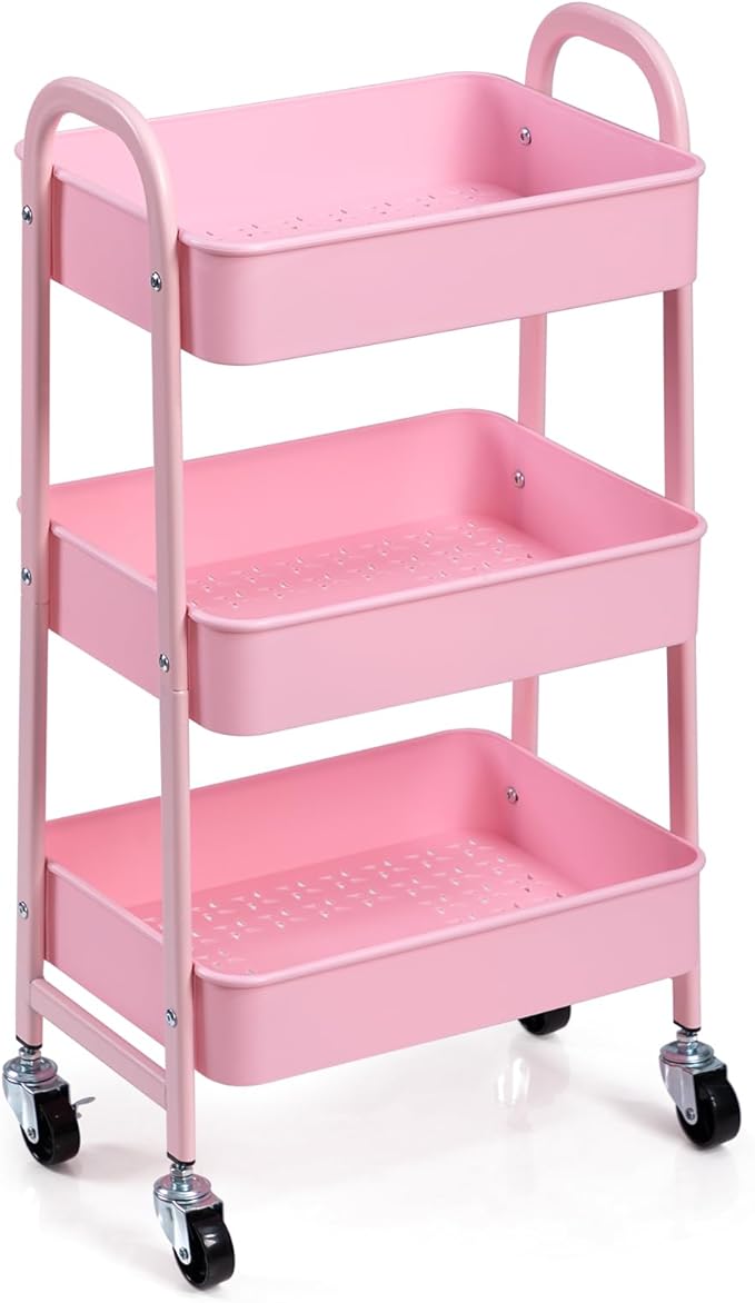 AGTEK 3-Tier Rolling Carts with Wheels, Rolling Utility Cart with Iron Frame for Kitchen, Plastic Shelves, Living Room, Office, Pink