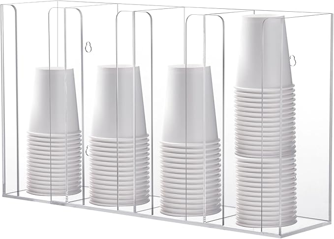 4-Compartment Acrylic Cup Dispenser, White, 116.54.19.6 inches, Clear Desktop or Wall-Mounted Cup Organizer for Coffee, Bar, Restaurant-NeatNest