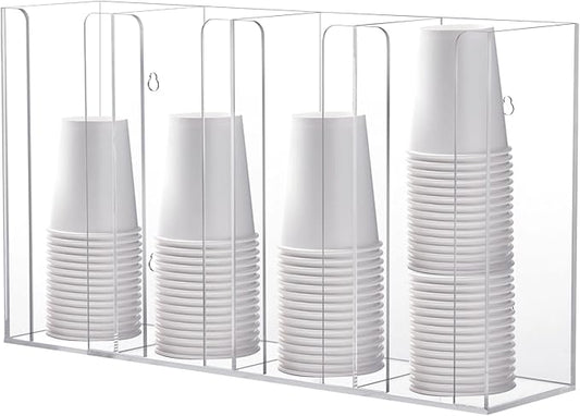 4-Compartment Acrylic Cup Dispenser, White, 116.54.19.6 inches, Clear Desktop or Wall-Mounted Cup Organizer for Coffee, Bar, Restaurant
