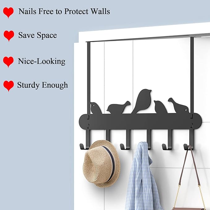 Over The Door Hook Heavy Duty Over Door Hanger Hanging Towel Organizer, 6 Hook Easy Installation Organizer for Towel, Coat, Bag, Robe - Living Room, Cloakroom, Bathroom Bird Pattern Cute Hooks