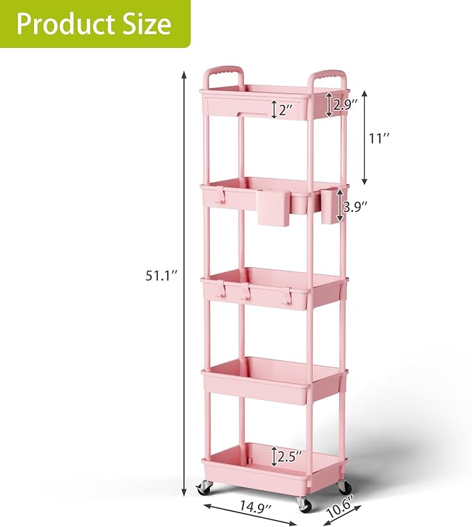 5 Tier Rolling Cart Organizer,Bathroom Cart Organizers with Wheels Laundry Room Organization Mobile Shelving Unit Utility Cart Storage Shelves Multi-Functional for Office, Home(Pink)-NeatNest