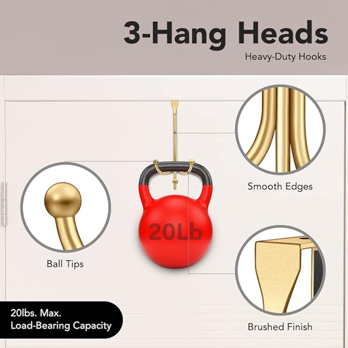 2-Pack Over The Door Hook - with 3 Hang Heads & Snug Fit Pads- 2Pcs Heavy Duty Hooks for Hanging Coats, Towels, Caps & Robes - Elegant Matt Finish - No Drill Hanger Organizer - Gold
