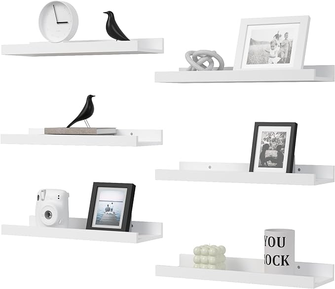 Floating Shelves Set of 6, White Wall Shelves with Lip, Display Shelves for Wall Decor, Modern Picture Ledge for Living Room, Bedroom, Nursery, Bathroom, Pictures, Books, Plants- White-NeatNest