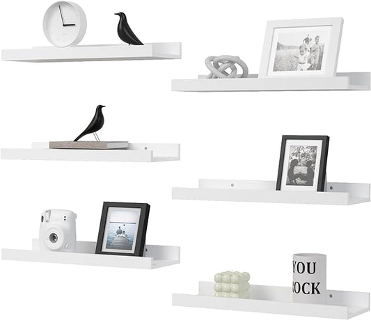 Floating Shelves Set of 6, White Wall Shelves with Lip, Display Shelves for Wall Decor, Modern Picture Ledge for Living Room, Bedroom, Nursery, Bathroom, Pictures, Books, Plants- White-NeatNest