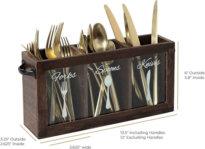 BLU MONACO Espresso Wooden Cutlery & Utensil Caddy – Silverware Organizer Bin for Forks, Spoons, Knives – Perfect for Kitchen Countertop-NeatNest