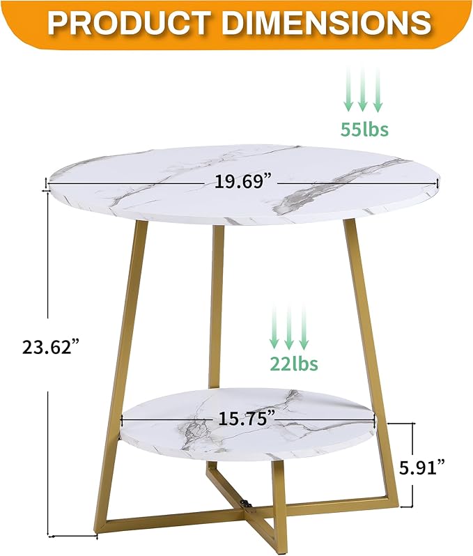 D&H FURNIMMT 20" Living Room Side Table for Small Spaces, 2 Tier Wood Top Round End Tables with Storage Shelf, Accent Sofa Table for Bedroom, Office, Sunroom, Balcony, White Faux Marble/Gold-NeatNest