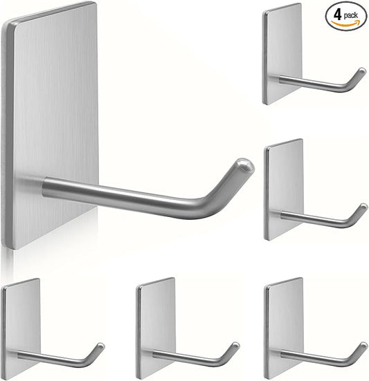 Adhesive Hooks Heavy Duty, Long Stainless Steel Self Adhesive Wall Hook, Sticky Towel Hangers for Kitchen Bathroom, Waterproof Stick on Door Hooks for Hanging Key Hat Coat